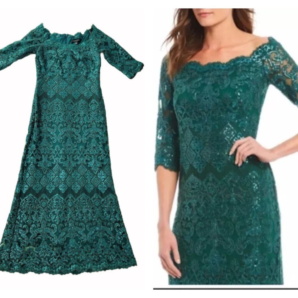 Tadashi Shoji Emerald Green Long Dress 8 Lace Sequin Elegant Liam Off Shoulder